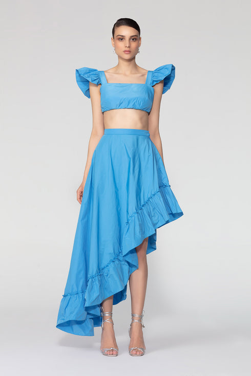 Electric Blue High Waist Asymmetric Flounce Detailed Long Skirt